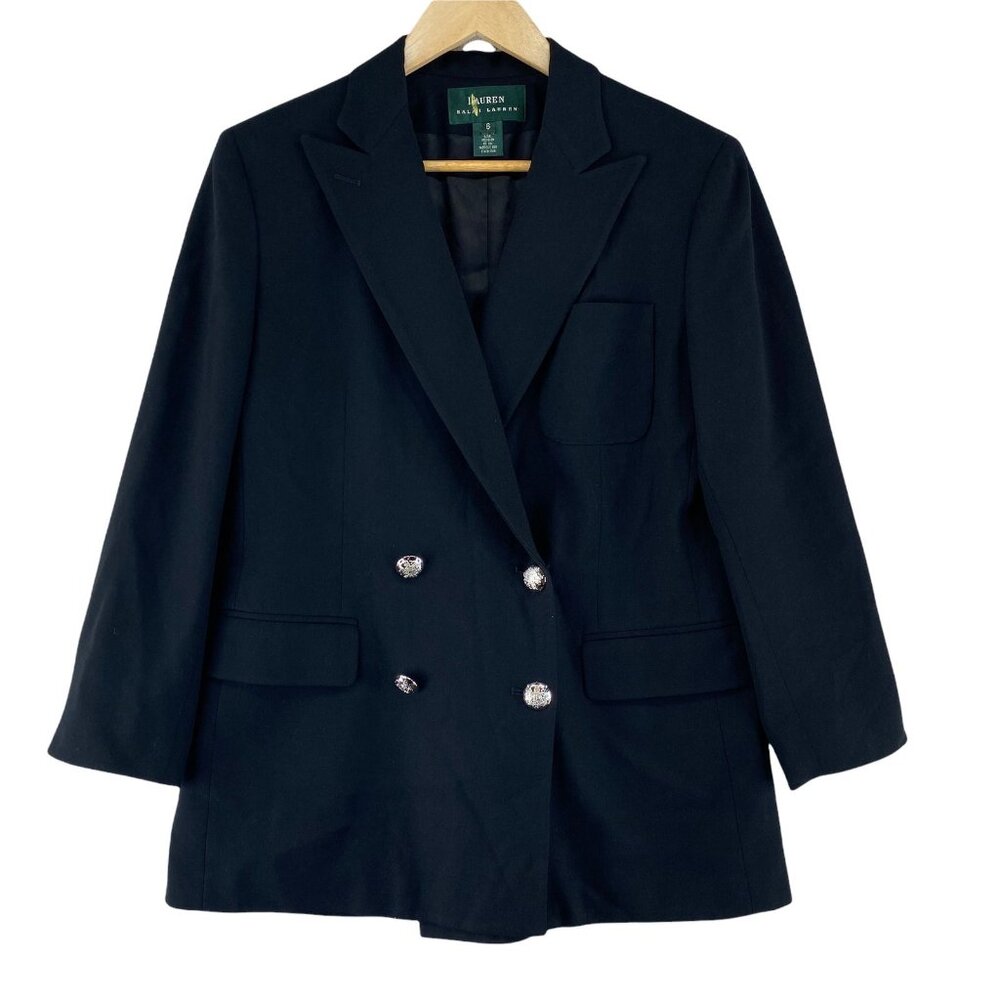 Lauren Ralph Lauren Blazer Jacket‎ Womens 6 Black Worsted Wool Double Breasted